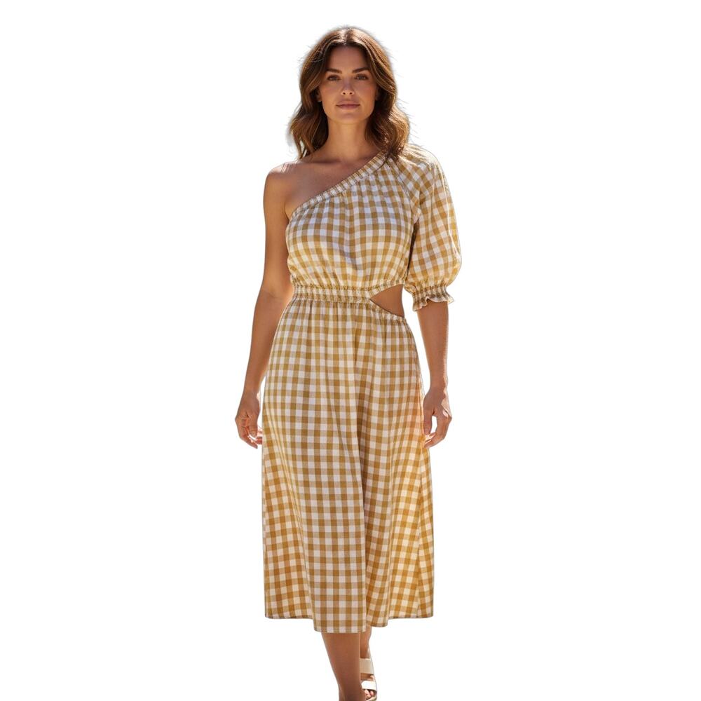 Who What Wear One-Shoulder Gingham Midi Dress in Yellow and White